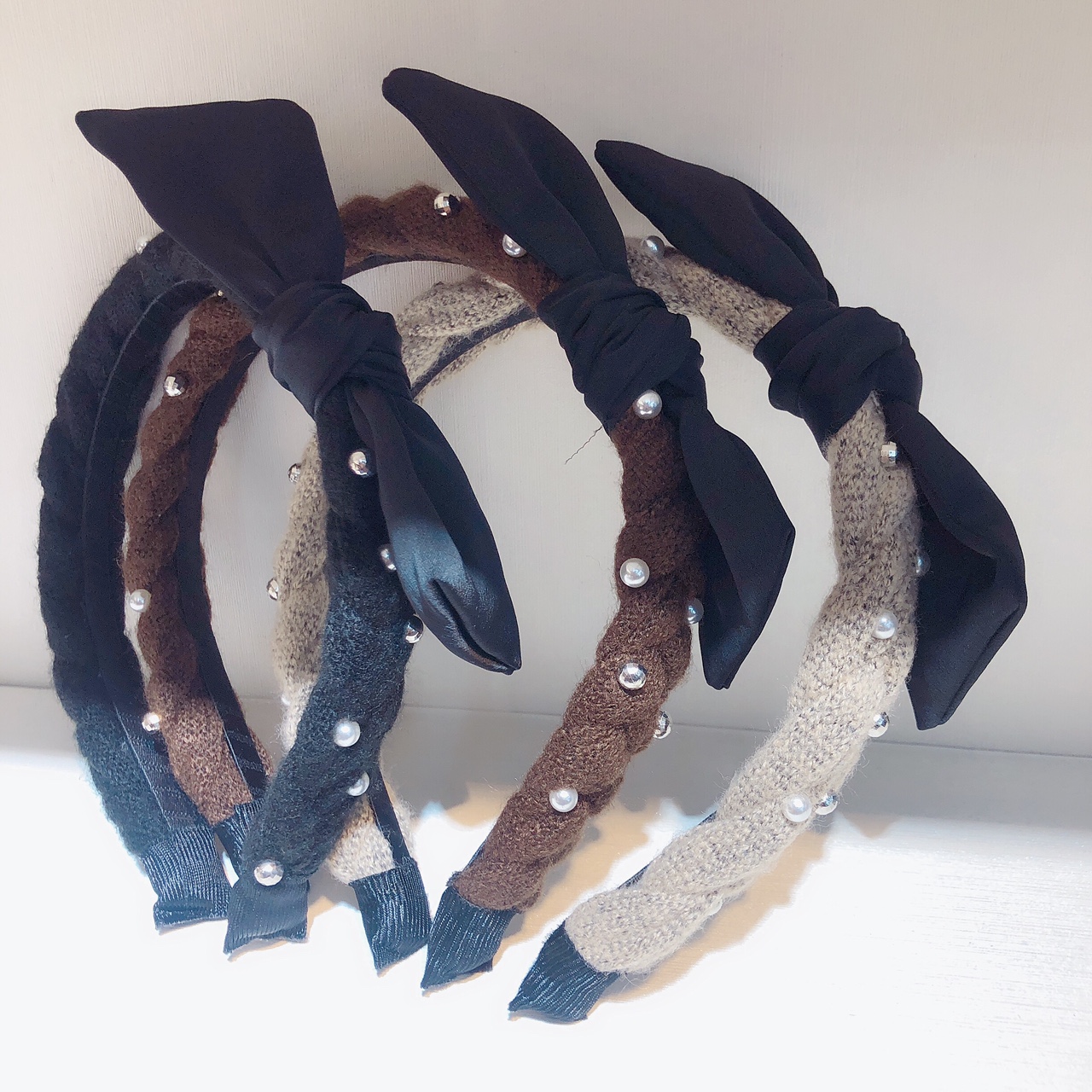 韩版麻花辫子珍珠耳朵发箍热销新款发饰时尚百搭简约发带头箍优雅发箍韩版手工打结布艺发箍