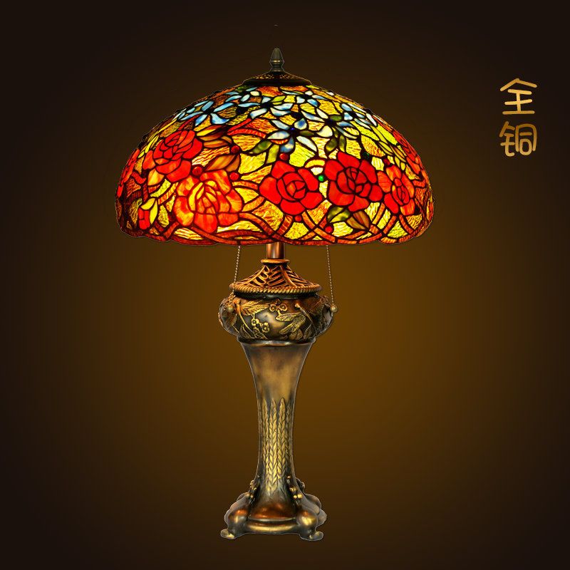 Large desk lamp Living room bedroom brass desk lamp rose colored glass desk lamp
