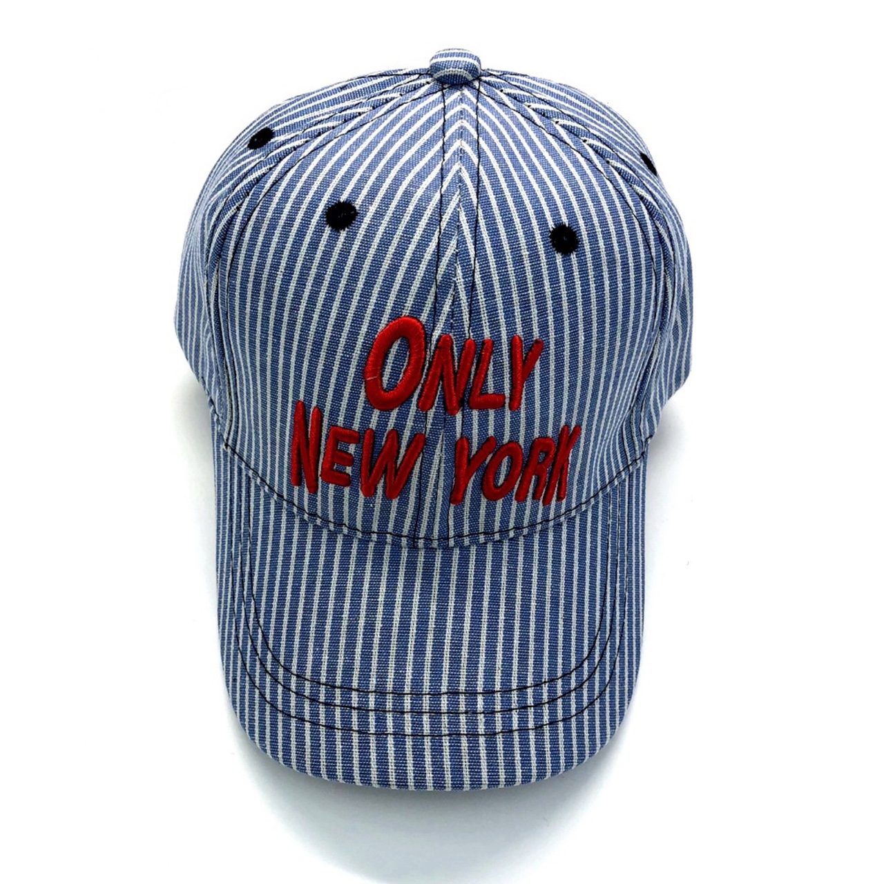 The baseball cap is striped in blue thumbnail