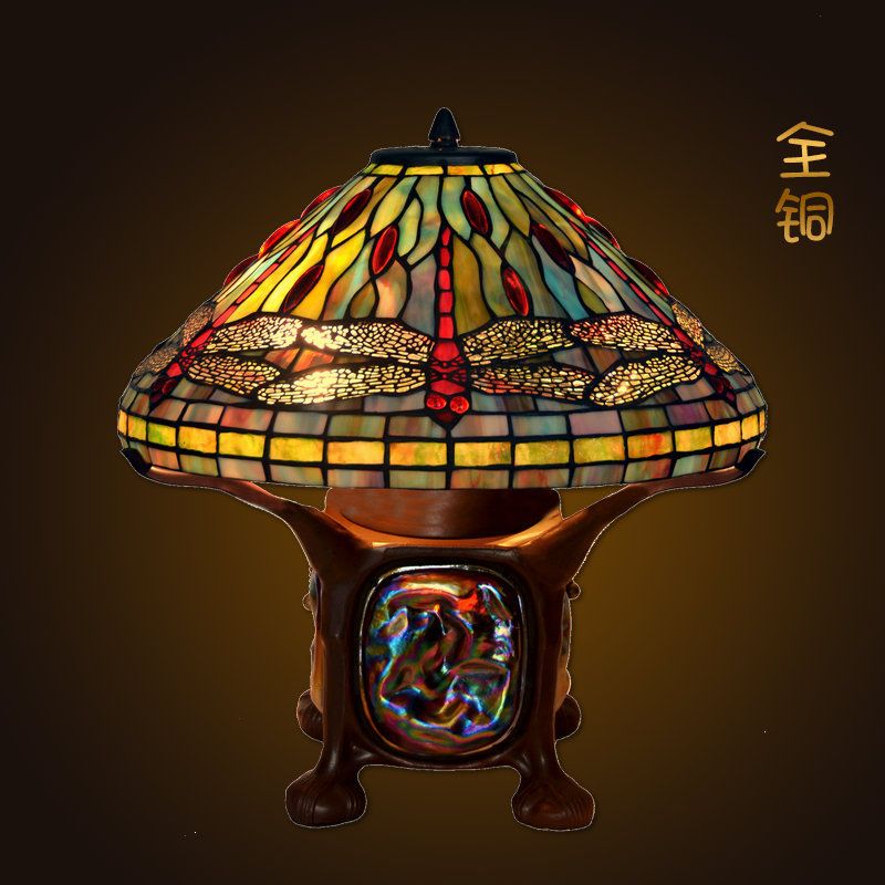 European retro lamp Dragonfly brass lamp color glass lamp decoration