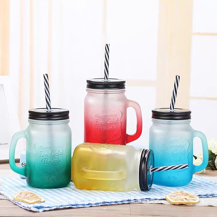 Korean version of the popular glass cup, creative gradient frosted straw, rooster cup, Mason cup, drinking cup detail image 2
