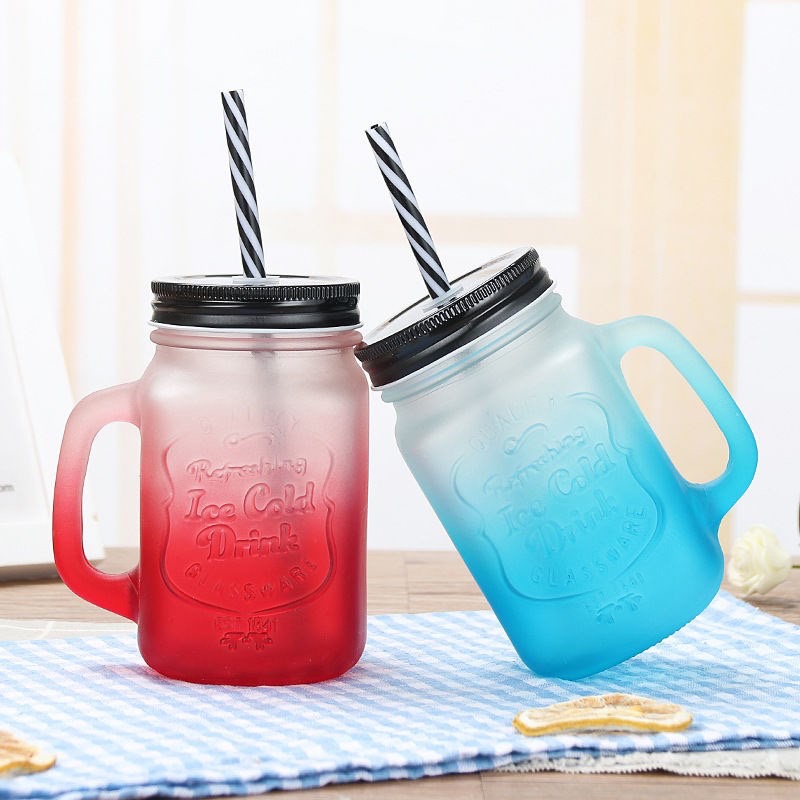Korean version of the popular glass cup, creative gradient frosted straw, rooster cup, Mason cup, drinking cup Specification image