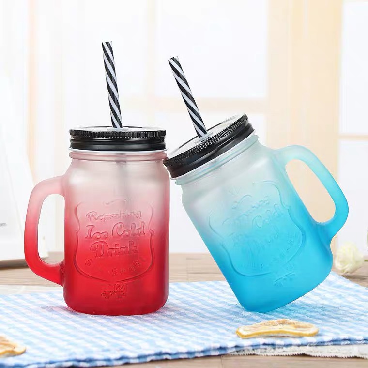 Korean version of the popular glass cup, creative gradient frosted straw, rooster cup, Mason cup, drinking cup detail image 3