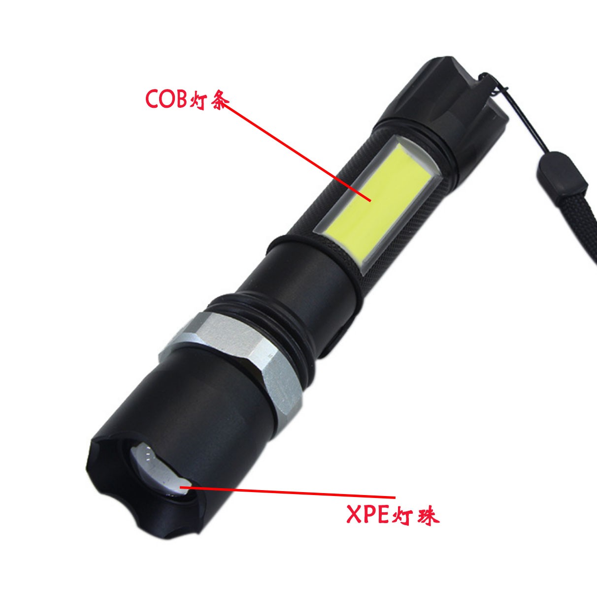 USB充电强光手电筒 铝合金旋转变焦COB防水手电多功能手电详情图2
