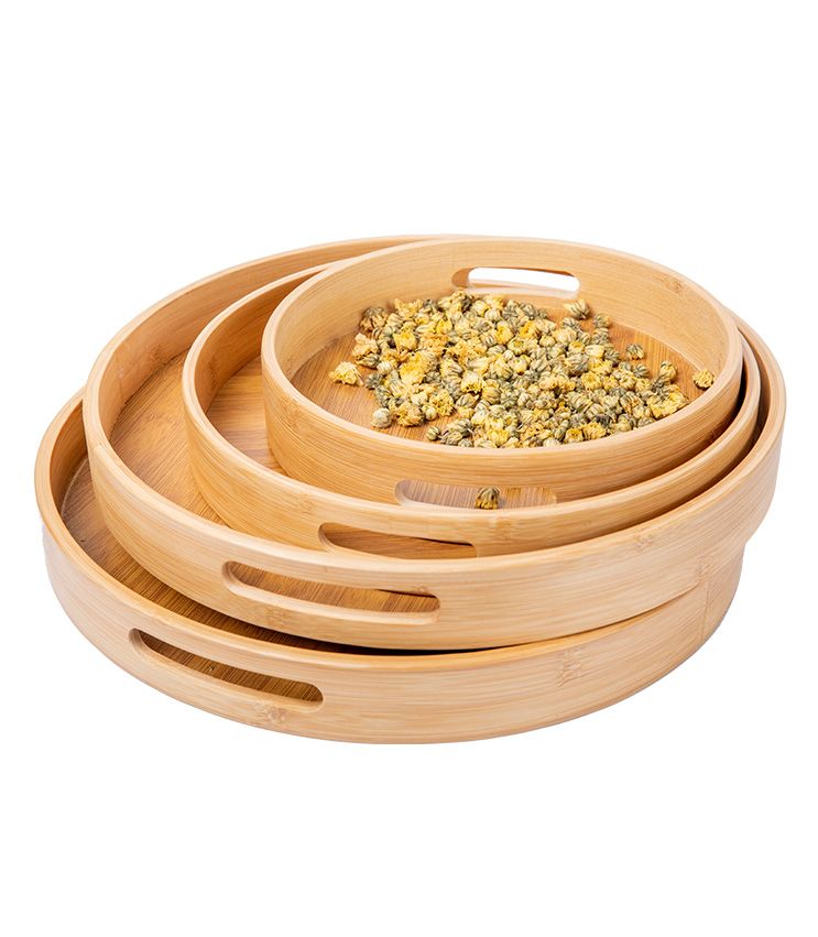 Jiehao Bamboo and Wood Factory direct sales round shallow tray fashionable fruit plate storage tray