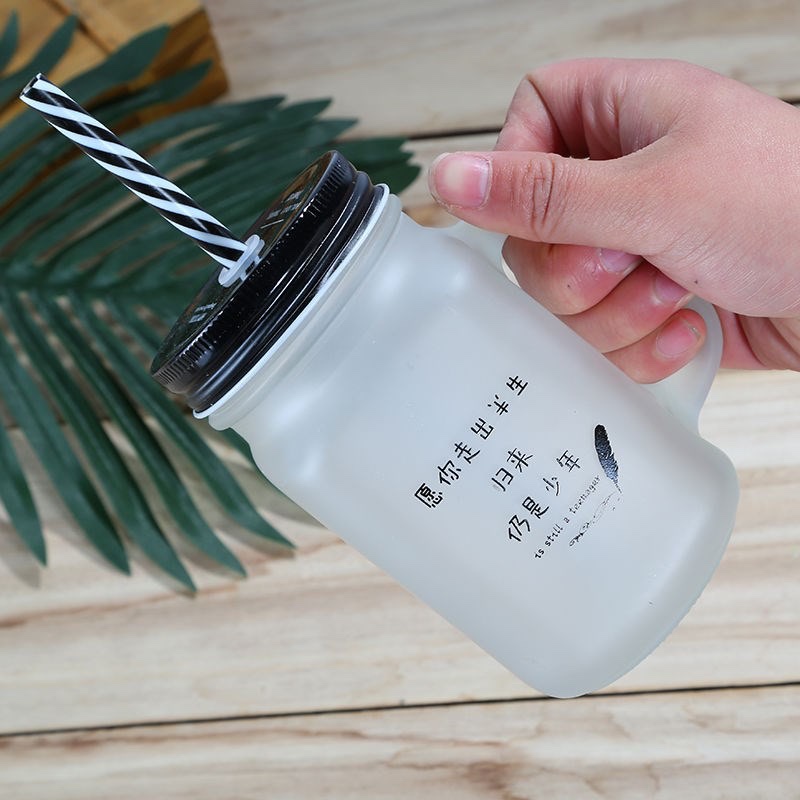 水杯韩版网红玻璃杯创意印字磨砂吸管梅森杯喝水杯产品图