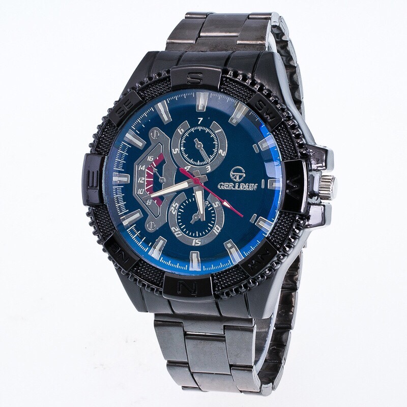 الفولاذ الأسود مع ساعة الرجال ذات الزجاج السميك Item Picture