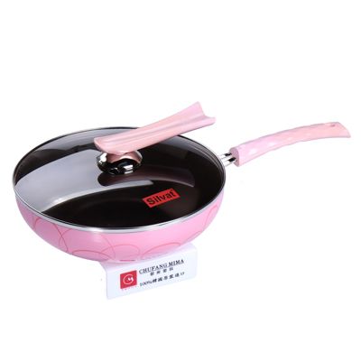 厨房密码 韩国进口厨具 光底粉色天然陶瓷不粘炒锅30cm