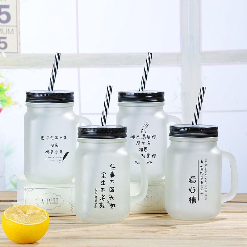 水杯韩版网红玻璃杯创意印字磨砂吸管梅森杯喝水杯详情图2