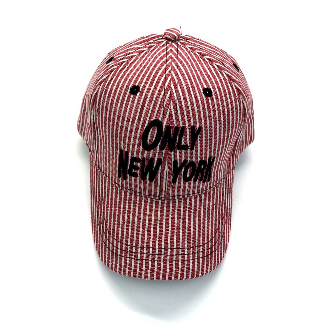 The baseball cap is striped in red thumbnail