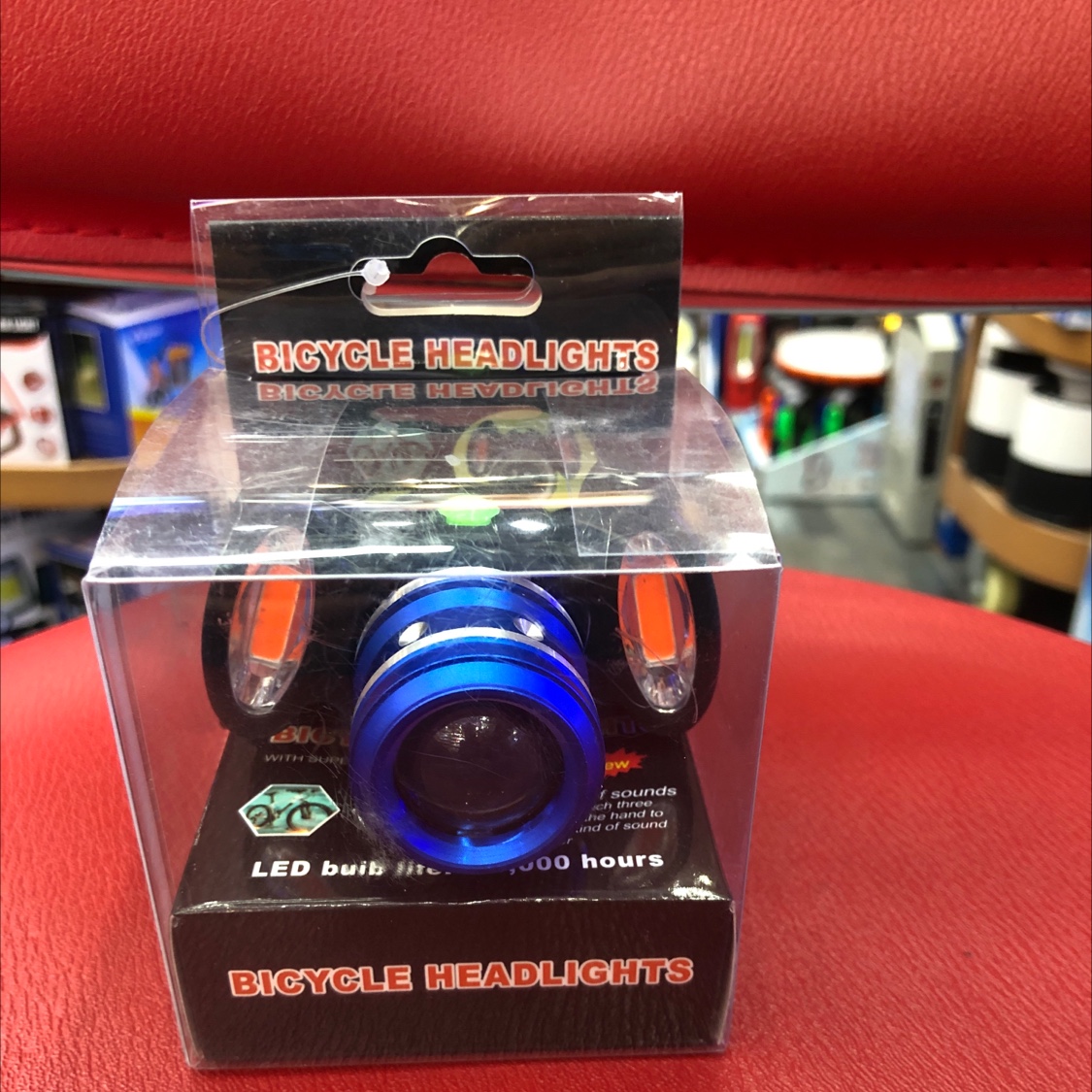 The bicycle lights are blue