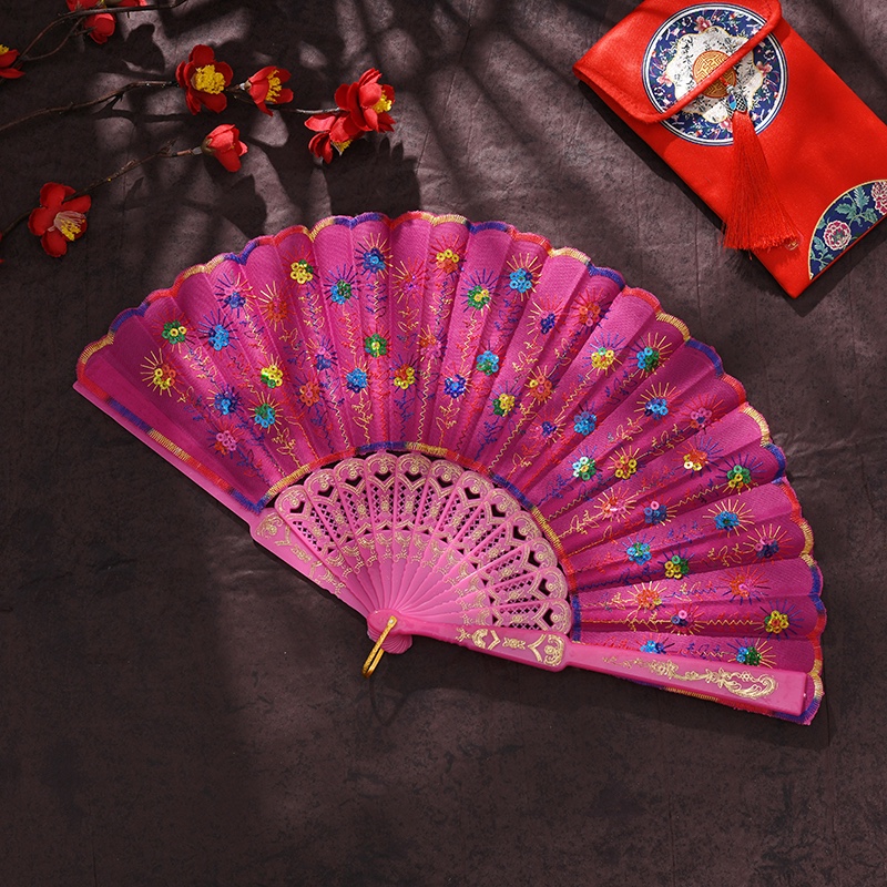 Silk Embroidered Period Costume Performance White Pole Color Sequin Peacock Dancing Fan Plastic Fan Dance Fan Folding Fan Lady details Picture