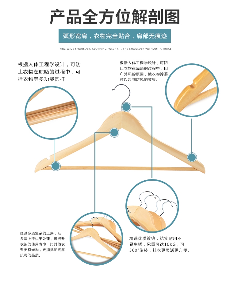 高档加厚实木衣架带防滑条西装衣服挂家居晾晒木头衣挂详情图6