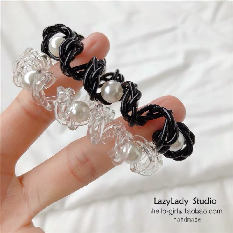 Chao Praised The Rare Design Telephone Cord Classic Black Nail Bead Holy White Pearl Head Rope Hair Circle Female Application Scenario