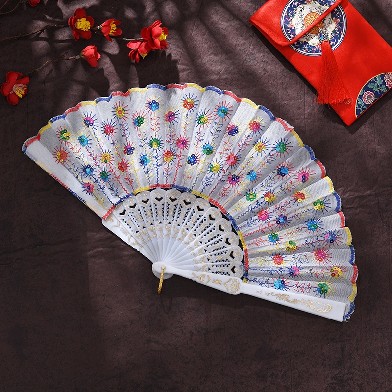 Silk Embroidered Period Costume Performance White Pole Color Sequin Peacock Dancing Fan Plastic Fan Dance Fan Folding Fan Lady Application Scenario