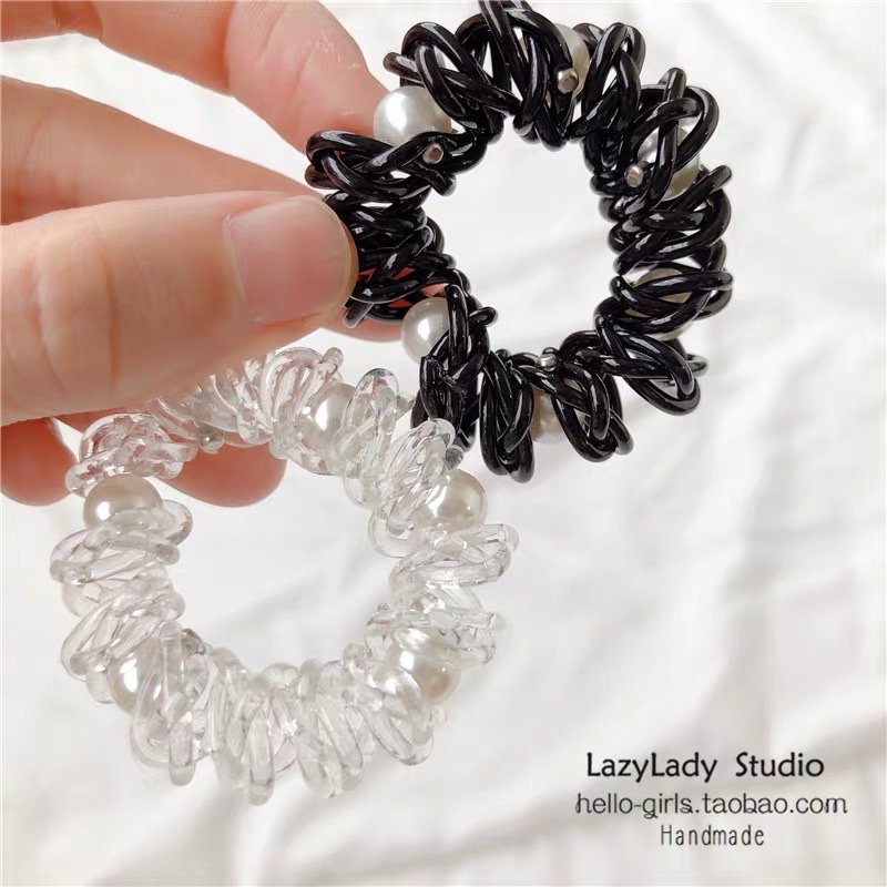 Chao Praised The Rare Design Telephone Cord Classic Black Nail Bead Holy White Pearl Head Rope Hair Circle Female Item Picture