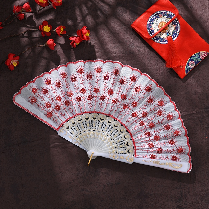 White Pole Glitter Peacock Dancing Fan Plastic Fan Dancing Fan Folding Fan Lady Specification drawing
