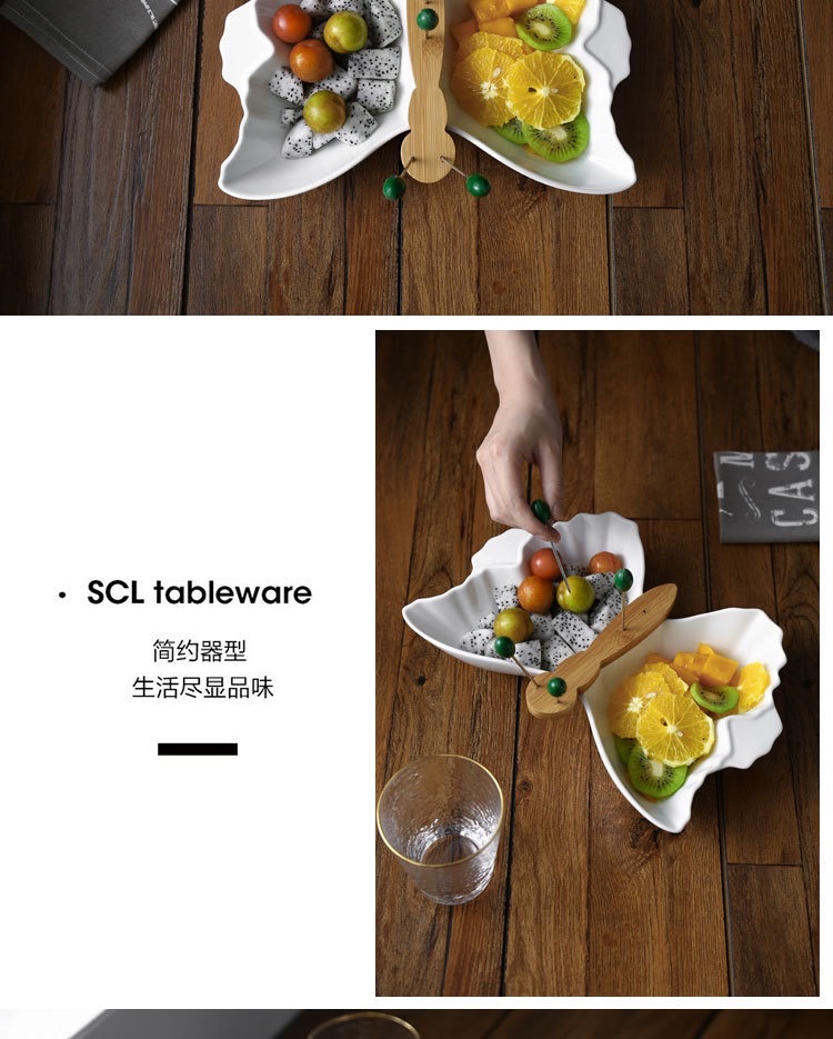 跨境供应创意陶瓷分格果盘带果叉蝴蝶大号水果盘零食盘子沙拉碗详情图5