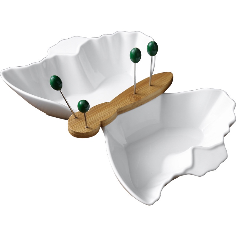 跨境供应创意陶瓷分格果盘带果叉蝴蝶大号水果盘零食盘子沙拉碗详情图1