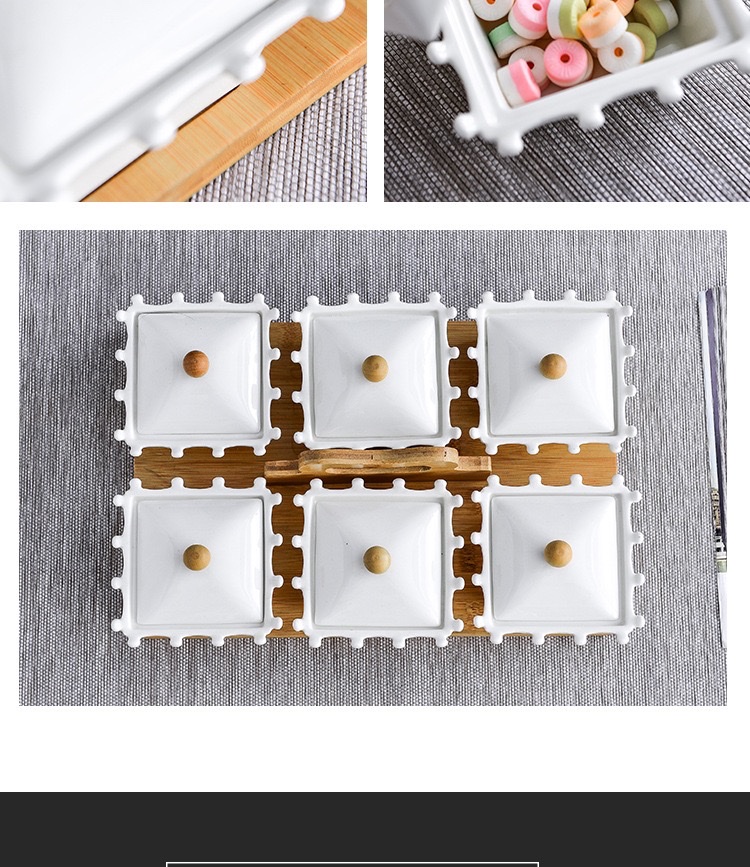 陶瓷果盘干果盘新年糖果盒白色圆形分格果盘带盖配竹木创意水果盘详情图4