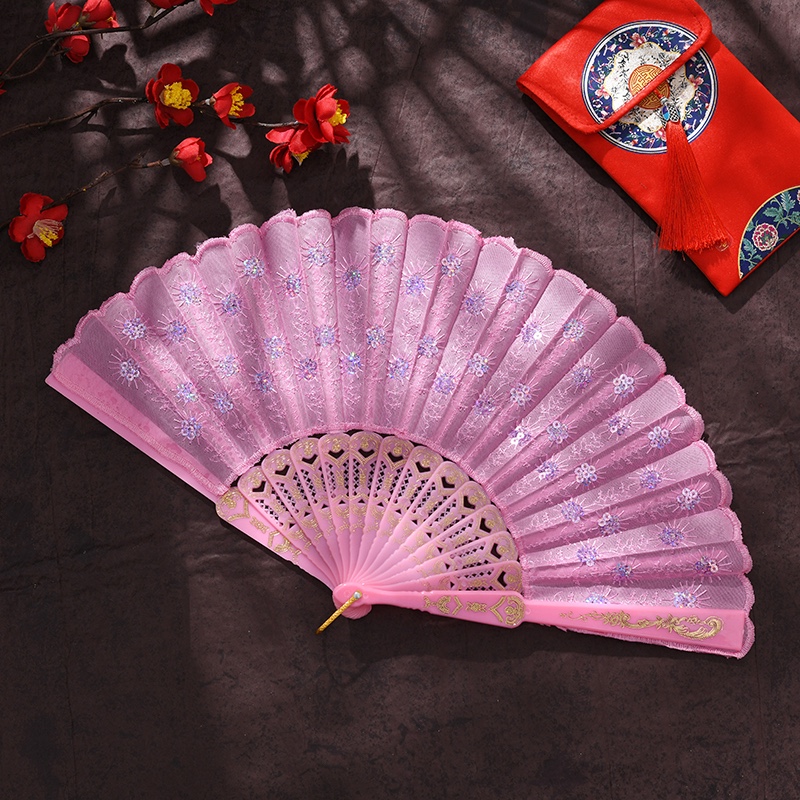 Decorated Silk Embroidered Period Costume Show Sequin Peacock Dancing Fan Plastic Fan Dancing Fan Folding Fan Lady