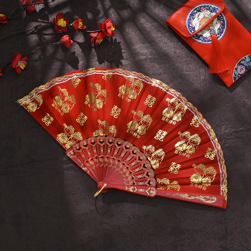 Wedding Props Red Fan Dance Folding Fan Sequins Dance Fan Chinese Style Bride Dowry Red Fan