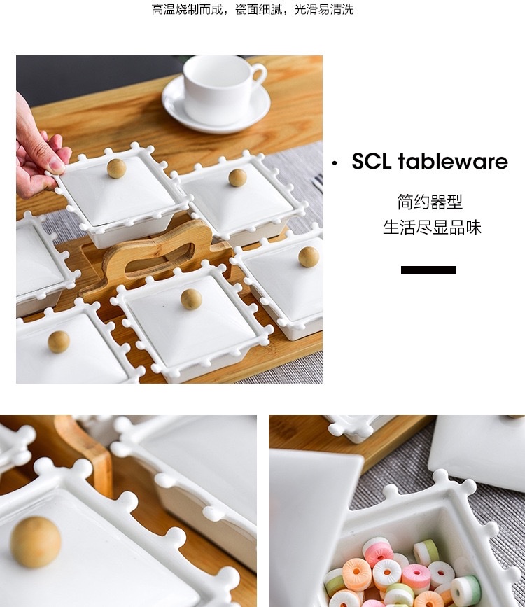 陶瓷果盘干果盘新年糖果盒白色圆形分格果盘带盖配竹木创意水果盘详情图6