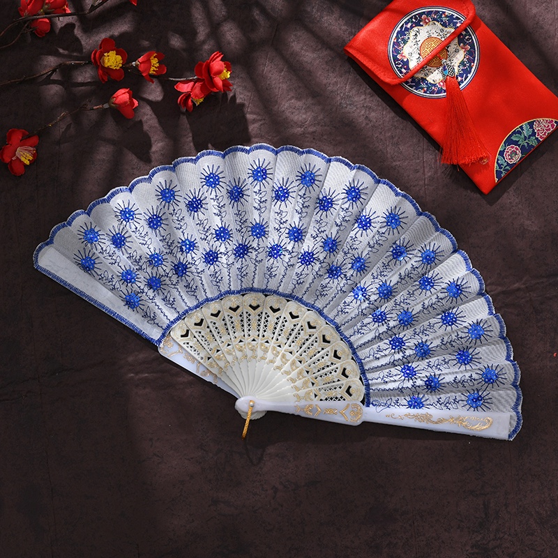 White Pole Glitter Peacock Dancing Fan Plastic Fan Dancing Fan Folding Fan Lady details Picture