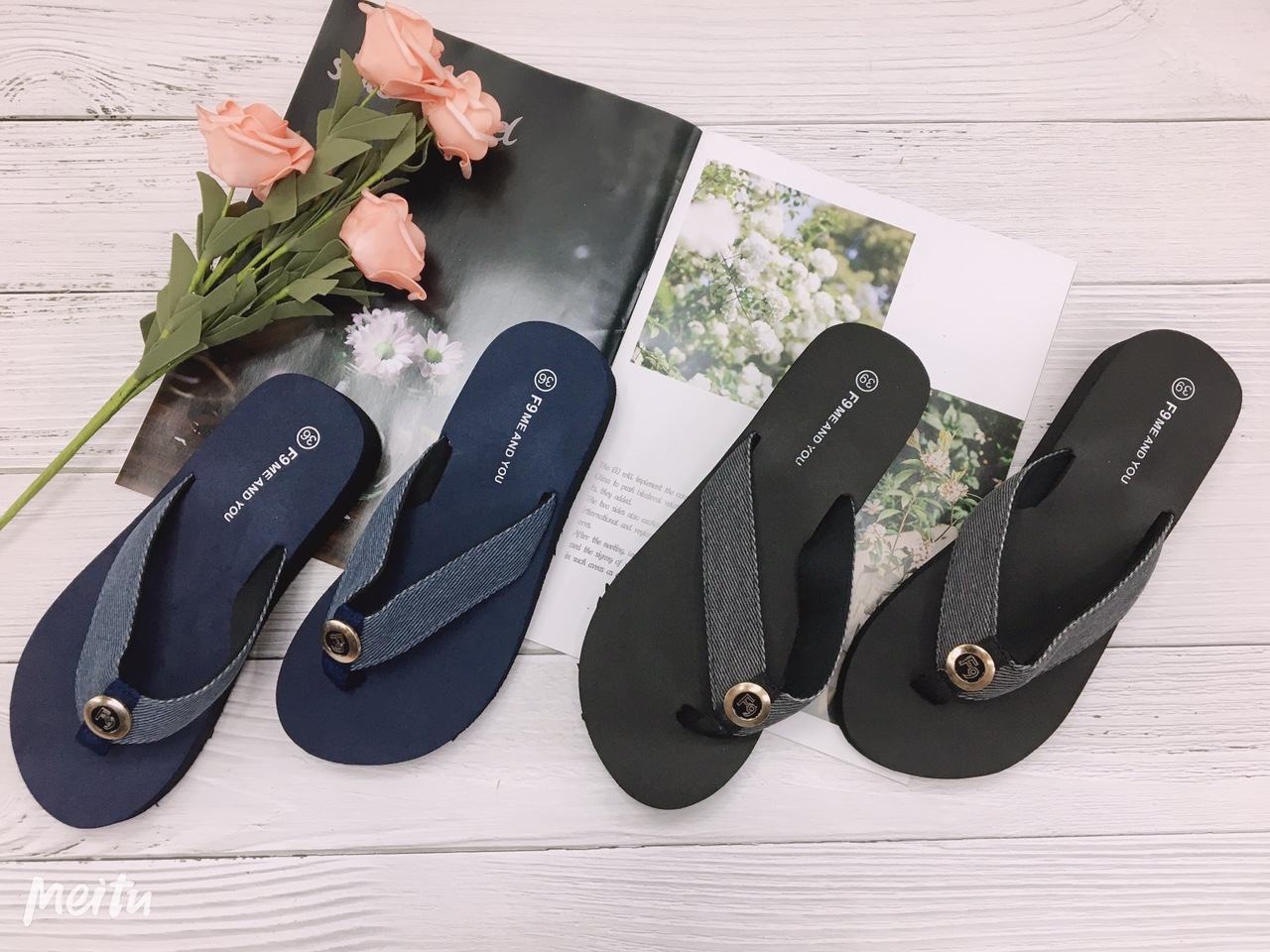 Summer women's flip-flops with solid denim wedge heels
