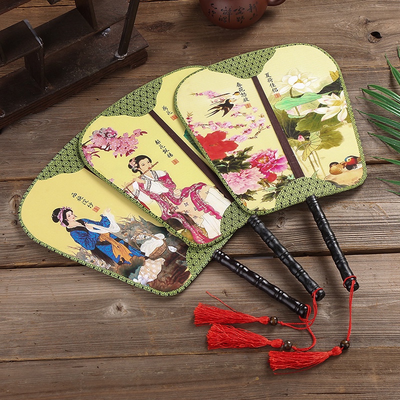 Retro Double-Sided Pattern Palace Fan Group Fan Square Imitation Ancient Palace Fan Banana Fan Dance Fan Chinese Wind Prop Fan.