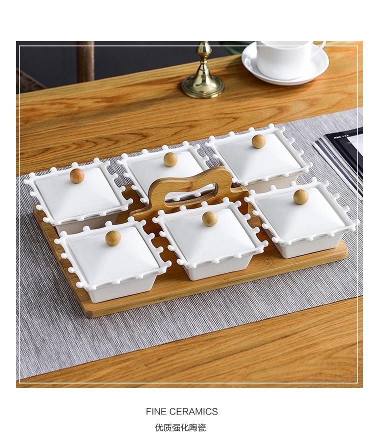 陶瓷果盘干果盘新年糖果盒白色圆形分格果盘带盖配竹木创意水果盘详情图5