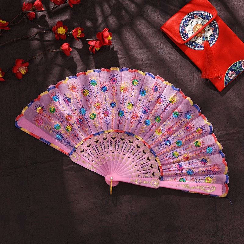Silk Embroidered Period Costume Performance White Pole Color Sequin Peacock Dancing Fan Plastic Fan Dance Fan Folding Fan Lady Item Picture