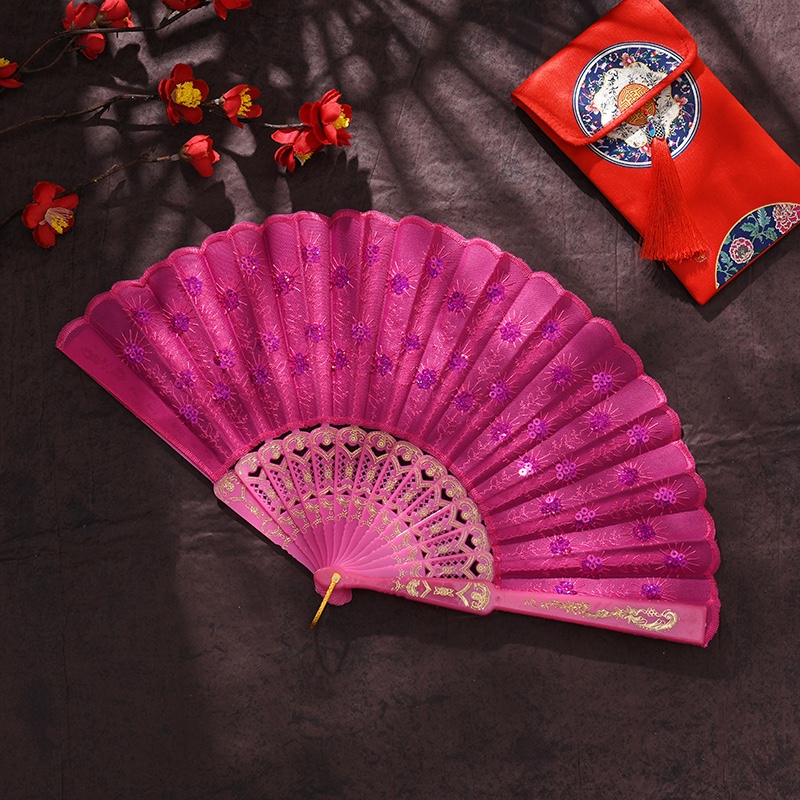 Decorated Silk Embroidered Period Costume Show Sequin Peacock Dancing Fan Plastic Fan Dancing Fan Folding Fan Lady Specification drawing