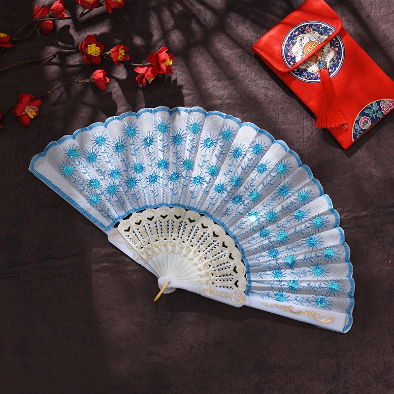 White Pole Glitter Peacock Dancing Fan Plastic Fan Dancing Fan Folding Fan Lady Item Picture