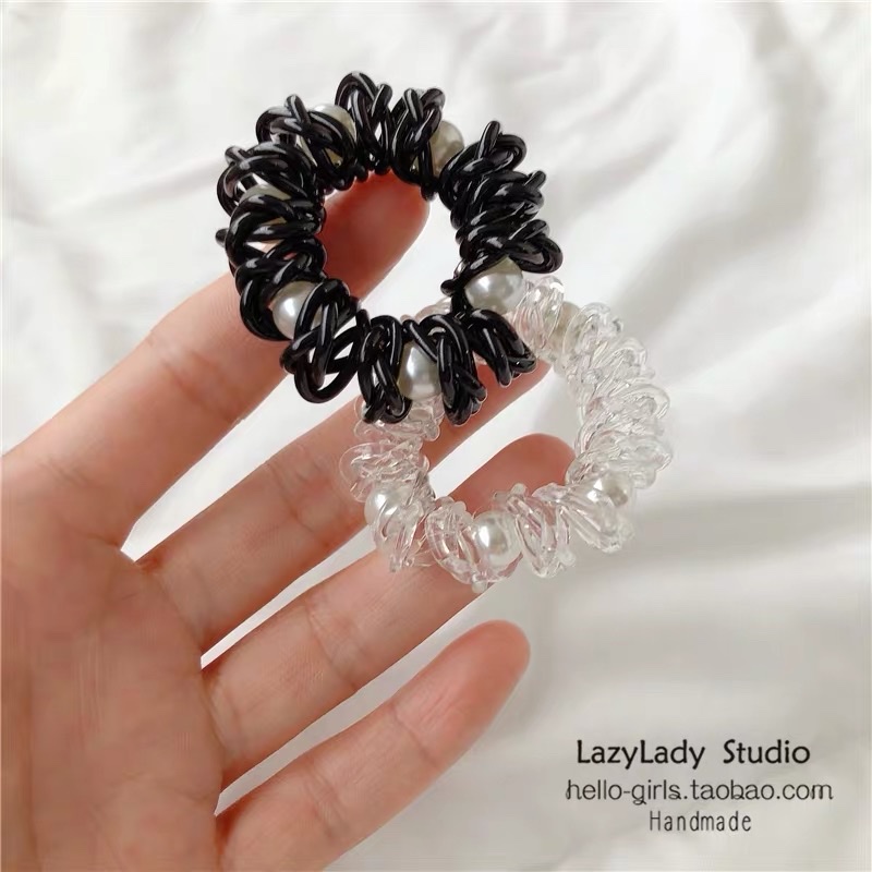 Chao Praised The Rare Design Telephone Cord Classic Black Nail Bead Holy White Pearl Head Rope Hair Circle Female undefined