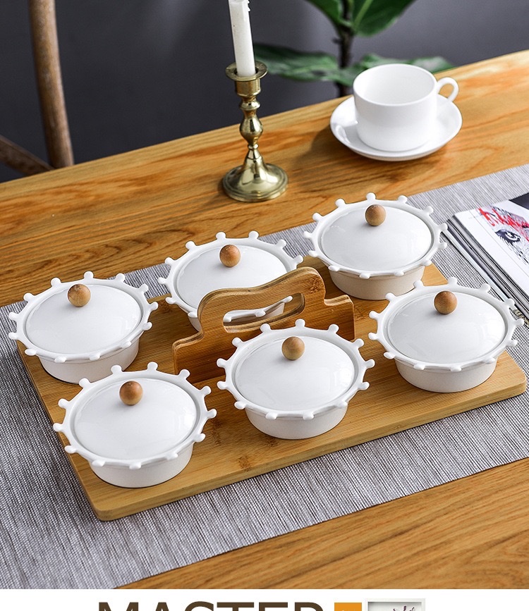 陶瓷果盘干果盘新年糖果盒白色圆形分格果盘带盖配竹木创意水果盘详情图11