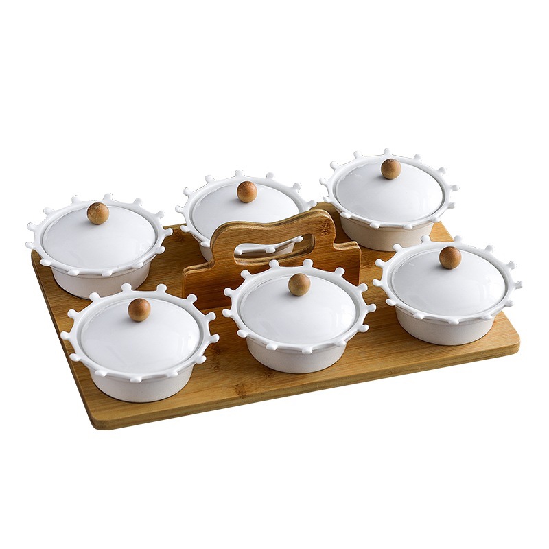 陶瓷果盘干果盘新年糖果盒白色圆形分格果盘带盖配竹木创意水果盘图