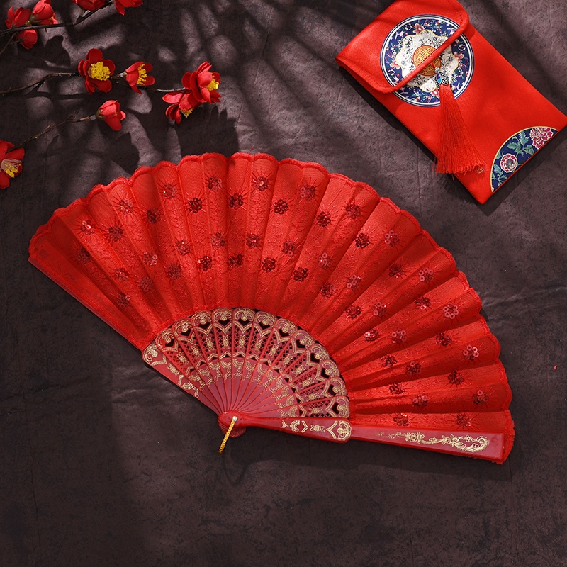 Decorated Silk Embroidered Period Costume Show Sequin Peacock Dancing Fan Plastic Fan Dancing Fan Folding Fan Lady Application Scenario