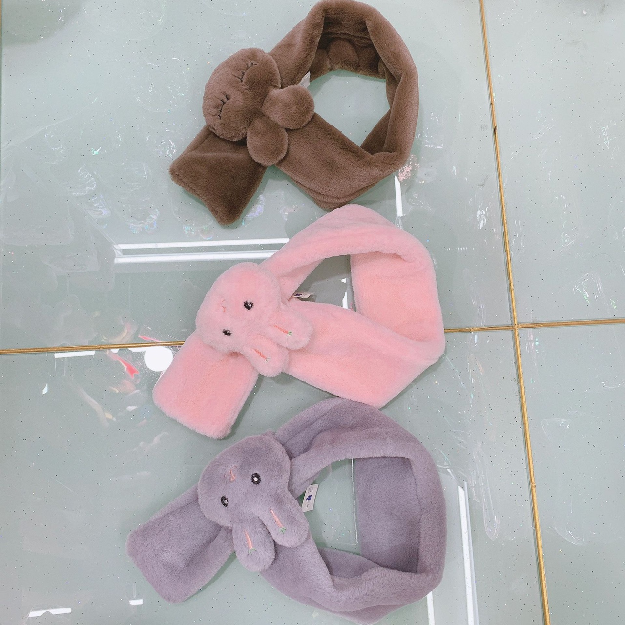 秋冬季新款可爱儿童小围巾毛绒卡通兔子交叉宝宝围脖男童女童保暖