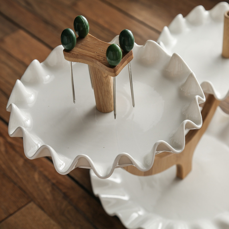 跨境供应创意果盘多层双层 陶瓷甜品蛋糕盘架餐厅自助餐盘水果盘白底实物图