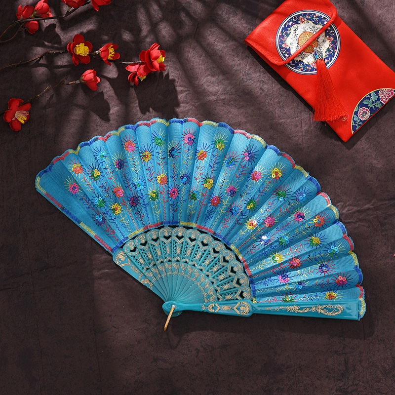 Silk Embroidered Period Costume Performance White Pole Color Sequin Peacock Dancing Fan Plastic Fan Dance Fan Folding Fan Lady Specification drawing