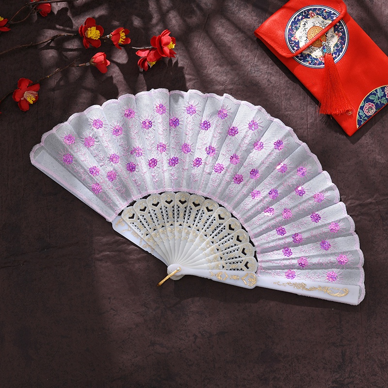 White Pole Glitter Peacock Dancing Fan Plastic Fan Dancing Fan Folding Fan Lady