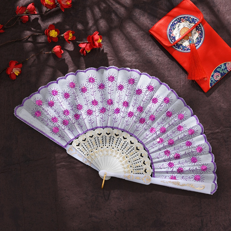 White Pole Glitter Peacock Dancing Fan Plastic Fan Dancing Fan Folding Fan Lady Application Scenario