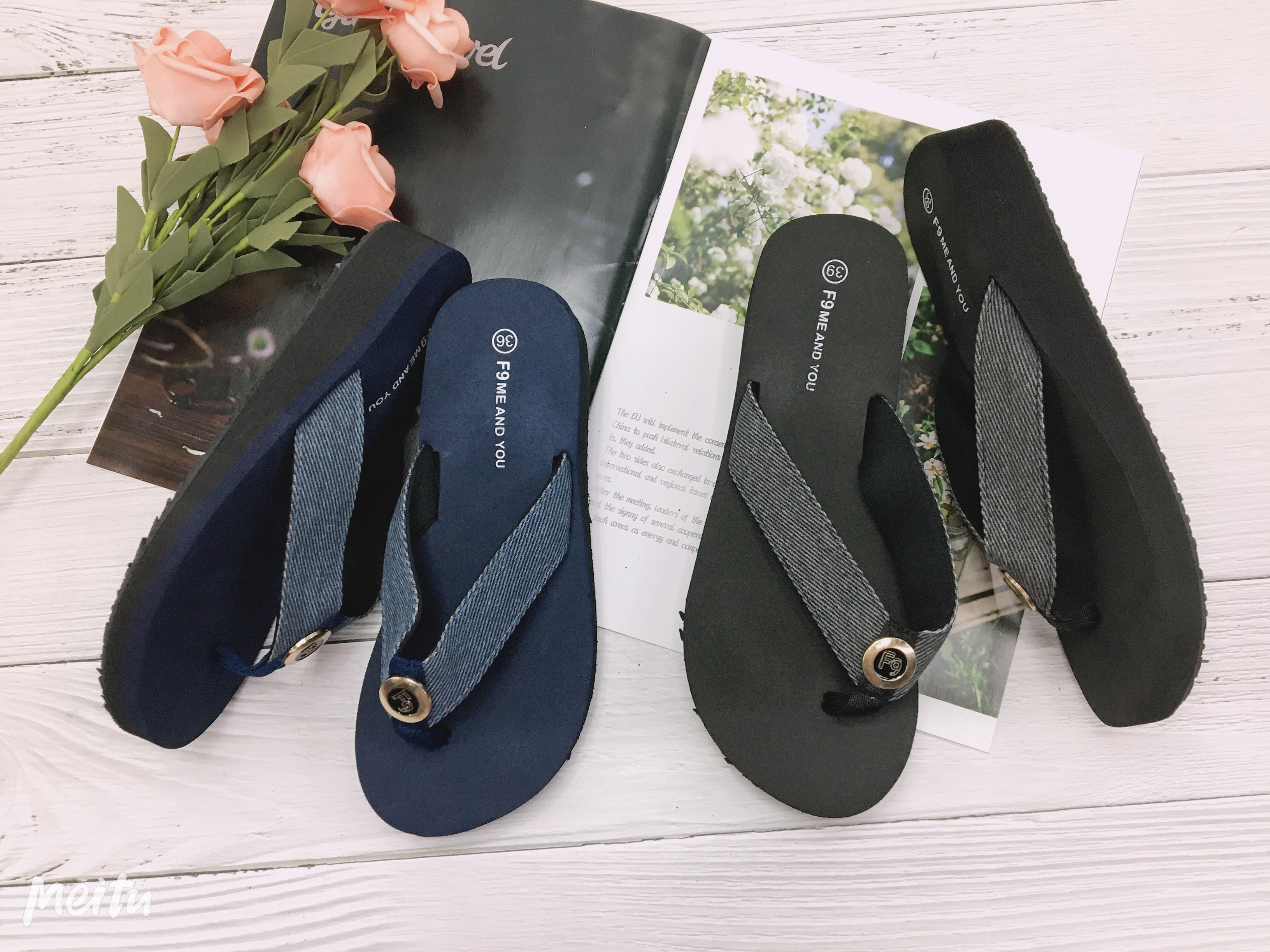 Summer women's flip-flops with solid denim wedge heels details Picture
