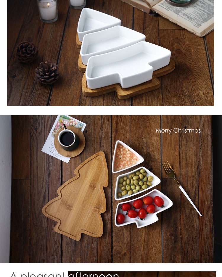 跨境专供 创意陶瓷分格果盘带竹垫圣诞树北欧干果水果糖果坚果盘详情图7