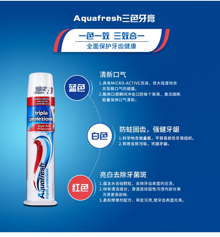 Aquafresh意大利进口三色牙膏直立真空按压式去渍牙膏详情图5