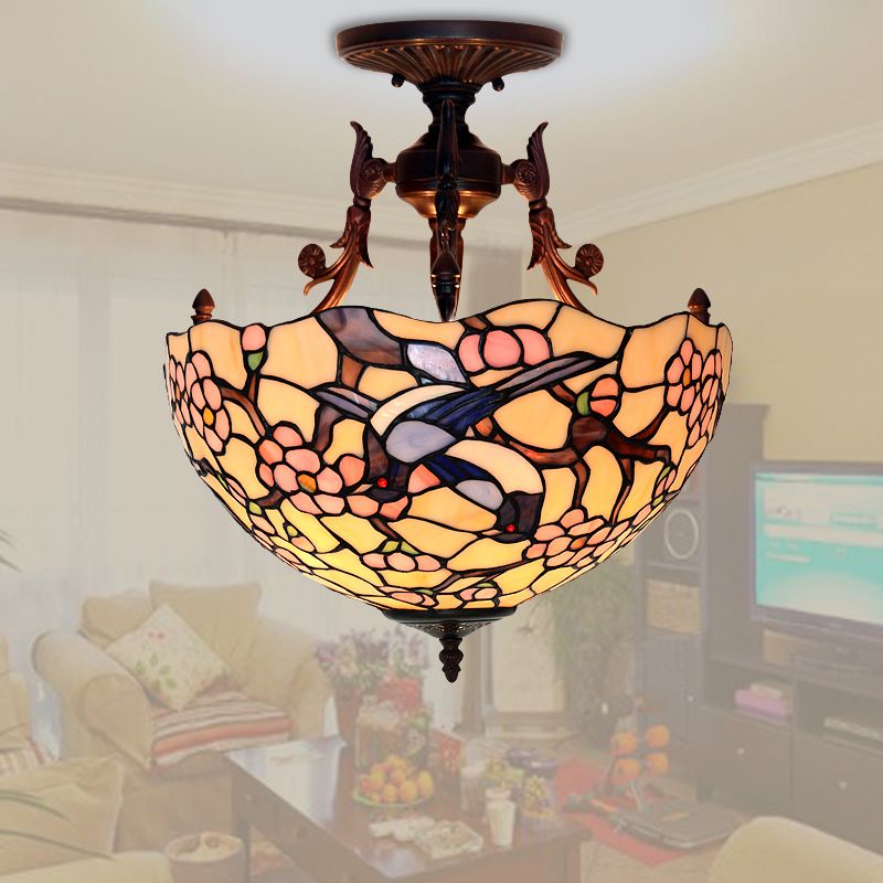 16 inch LED circular ceiling lamp glass restaurant chandelier Chinese classic magpie plum blossom