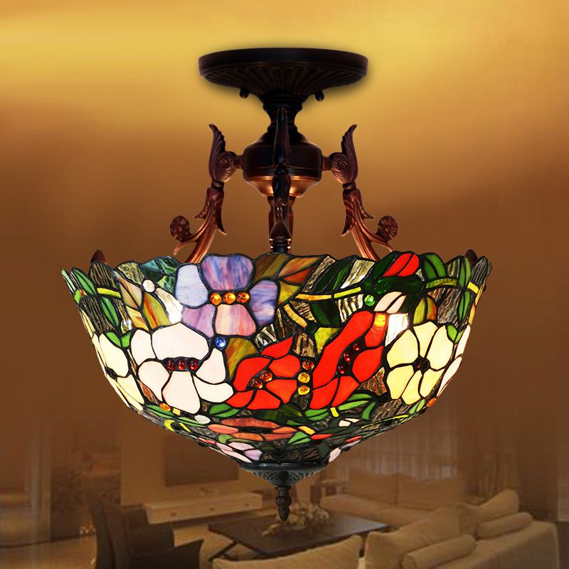 16 inch colorful flower retro ceiling lamp LED dining room balcony bedroom glass decorative chandelier