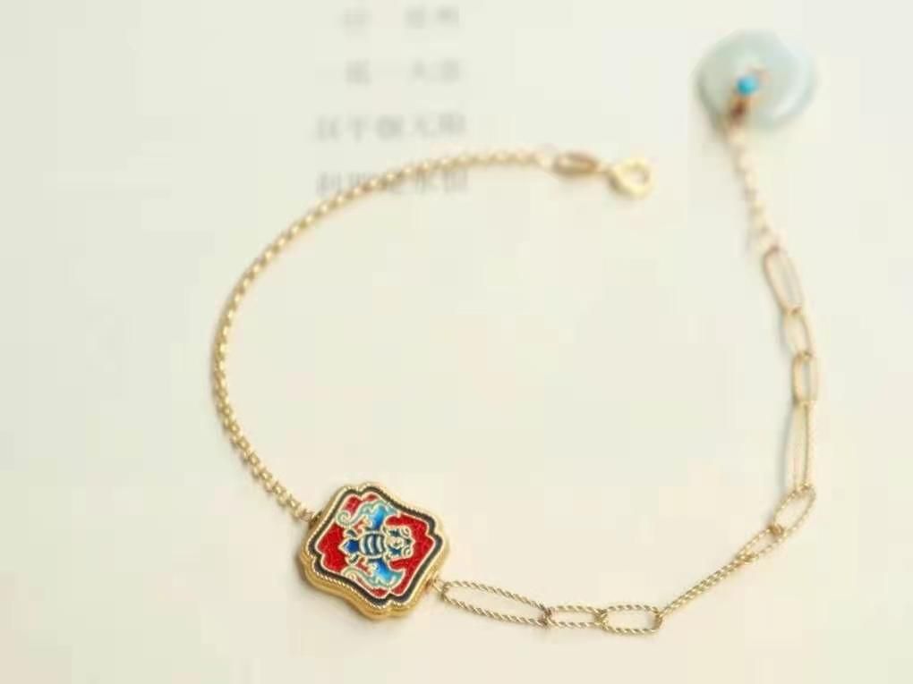 999足金烧蓝如意搭配18k手工链  天然翡翠平安扣绿松石点缀 寓意福在眼前