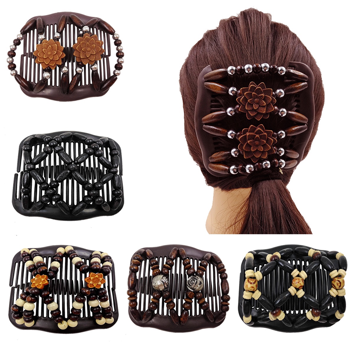 FLY11 Europe and the United States hot Amazon explosive hair comb magic disc wooden beads double row insert hair comb thumbnail
